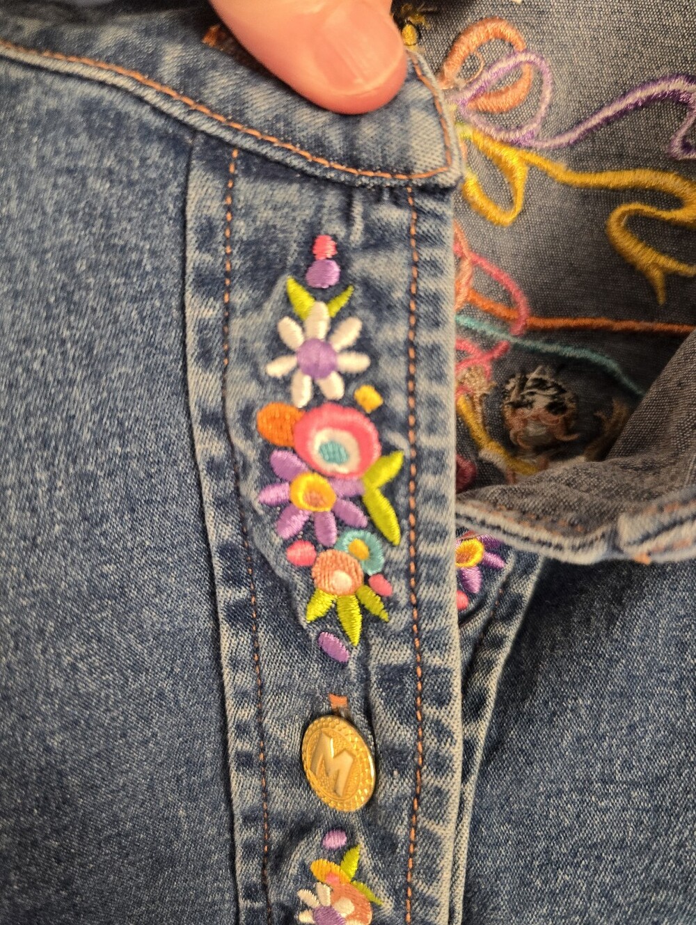 Vtg 90s BOB MACKIE pastel Embroidered L Sleeve Denim Artsy Shirt. Ladies 3X - Picture 5 of 12